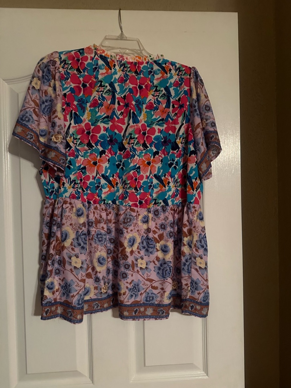 Umgee Multicolor Floral Patchwork Short Sleeve Blouse